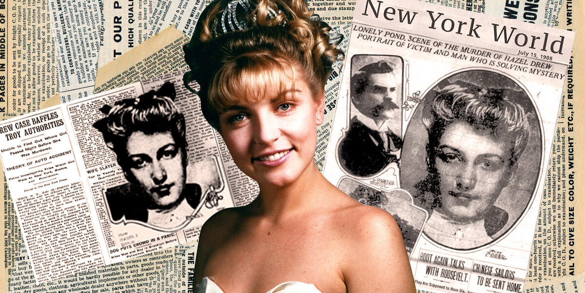 Лора Палмер на фоне газетных фото Хейзел Дрю