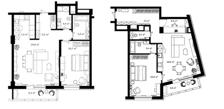 Варианты планировок евродвушек с сайта ЖК RIVER HOUSE