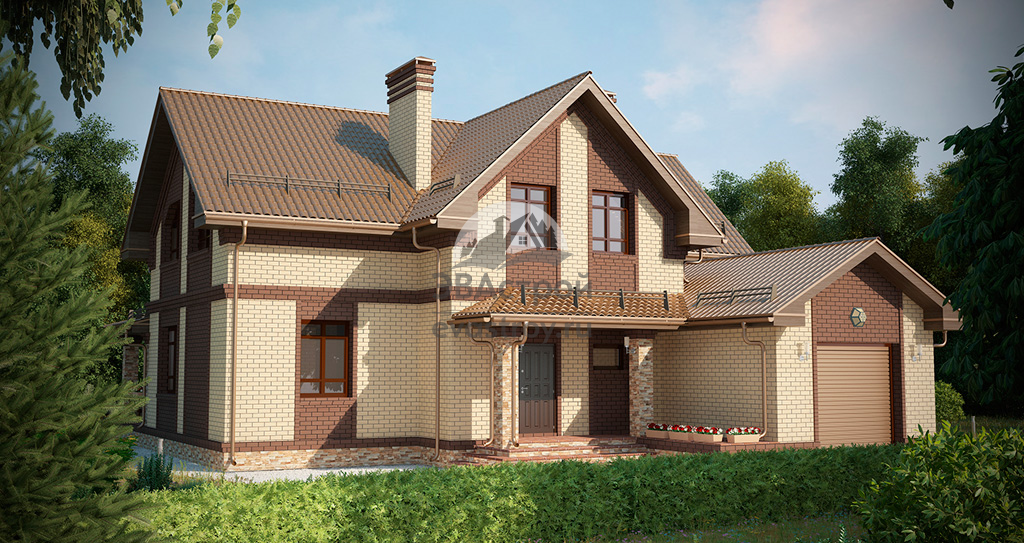 Проект дома 208 м2 из газобетона с мансардой, гаражом и террасой - 102-07