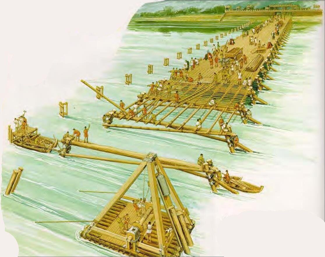 Строительство моста через Рейн легионерами Цезаря. Современная иллюстрация