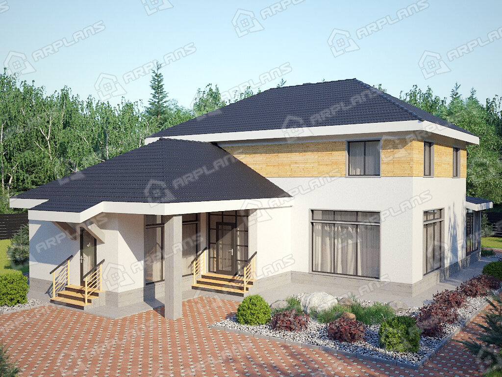 Фото 1 двухэтажного дома из газобетона с 3 спальням, газовой котельной, сауной и террасой. Общая площадь 220 кв м. Источник arplans.ru Проект К-129 