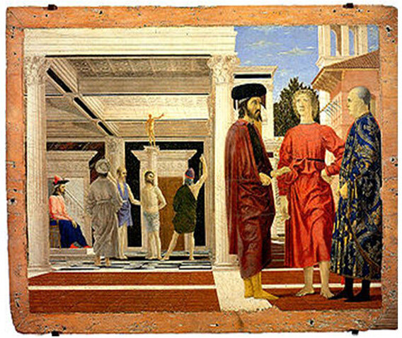 Piero della Francesca, «Бичевание Христа» (“Flagellazione di Cristo” или (та же картина) “Flagellazione di Urbino”), 1455 г.–1460 г.  Находится в  национальной галерее, Замке герцогов Урбинских (сам замок — памятник всемирного наследия),Урбино, регион Марке