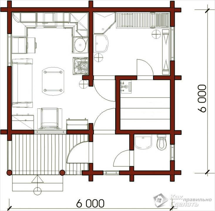 Каркасная баня 6х6 Проект 24