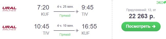 пример авиабилета в Тиват из Самары в июне