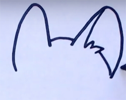 Рисуем ушки, состоящие из двух округлённых треугольников без нижних линий. Соединяем их посередине выгнутой полосой. Внутри правого ушка, слева и снизу добавляем диагональные линии, соединяем зигзагом.
