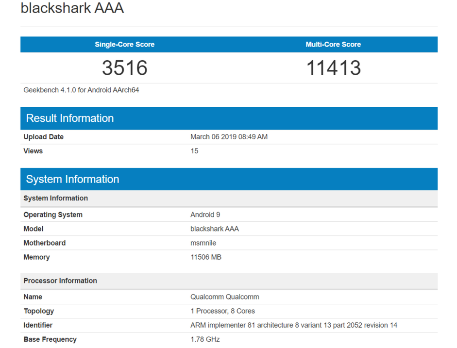 Результаты Black Shark AAA в GeekBench