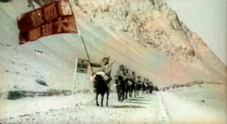 Армия КПК на горных осликах поднимается в Тибет. источник: "Tibet Museum" г.Лхаса Китай.