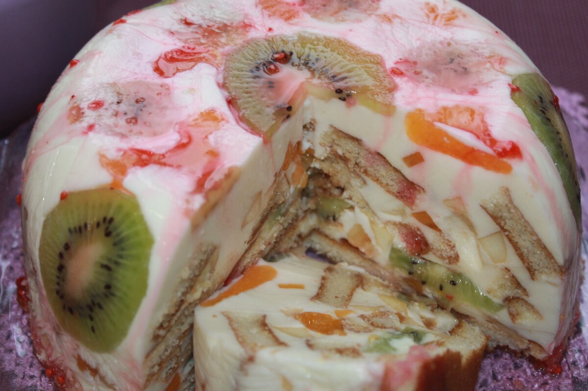 Торт фруктовый с желатином и сметаной рецепт с фото с бисквитом