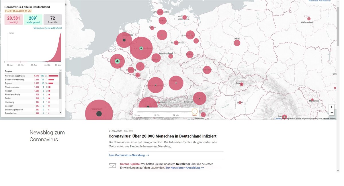 Скриншот карты заражения по землям в Германии