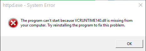 Вот так в Windows 10 обычно выглядит ошибка, связанная с отсутствием библиотек vcruntime140.dll
