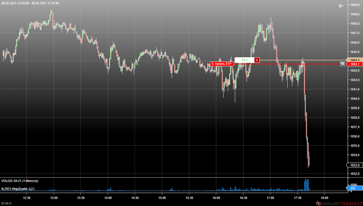 Скрин из торгового терминала NinjaTrader перед закрытием сделки вручную