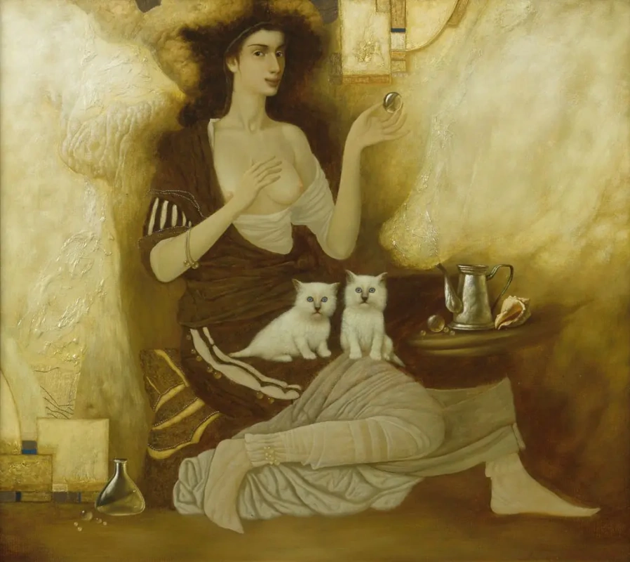 А картина у нас сегодня так и называется: "Утро"! Обычно тетки по утрам так и ходят: с грудью и котами)). А куда деваться, если мужиков нет, приходится с котами ходить). Художник Александр Мельников