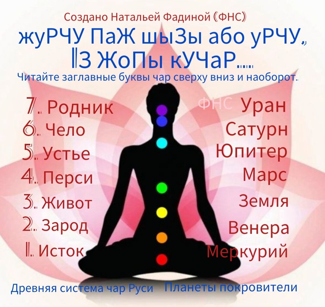 Думаете, просто так фраза заложена в древней системе чар, которую я вам восстановила? Да, да. Журчите, потому что вам Родник (Аджна) с Чело (Сахасрара) поменяли местами.