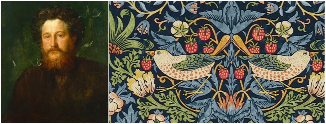 Портрет Уильяма Морриса и фрагмент цветочного дизайна с птицами "Земляничный воришка"