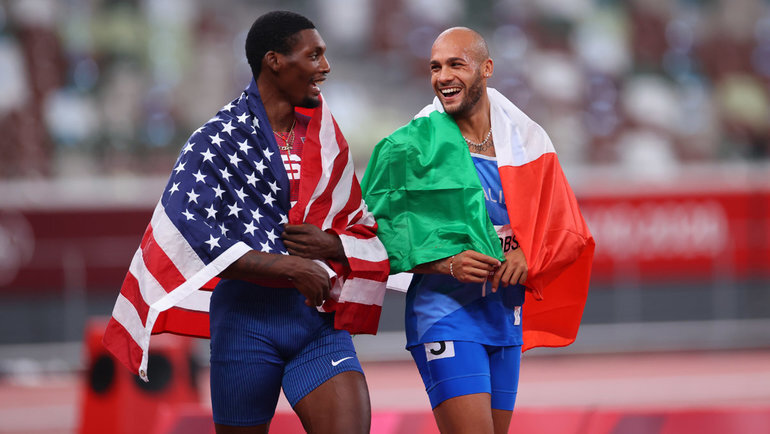    Фред Керли и Марсель Ламонт Джейкобс на Олимпиаде в Токио. Global Look Press