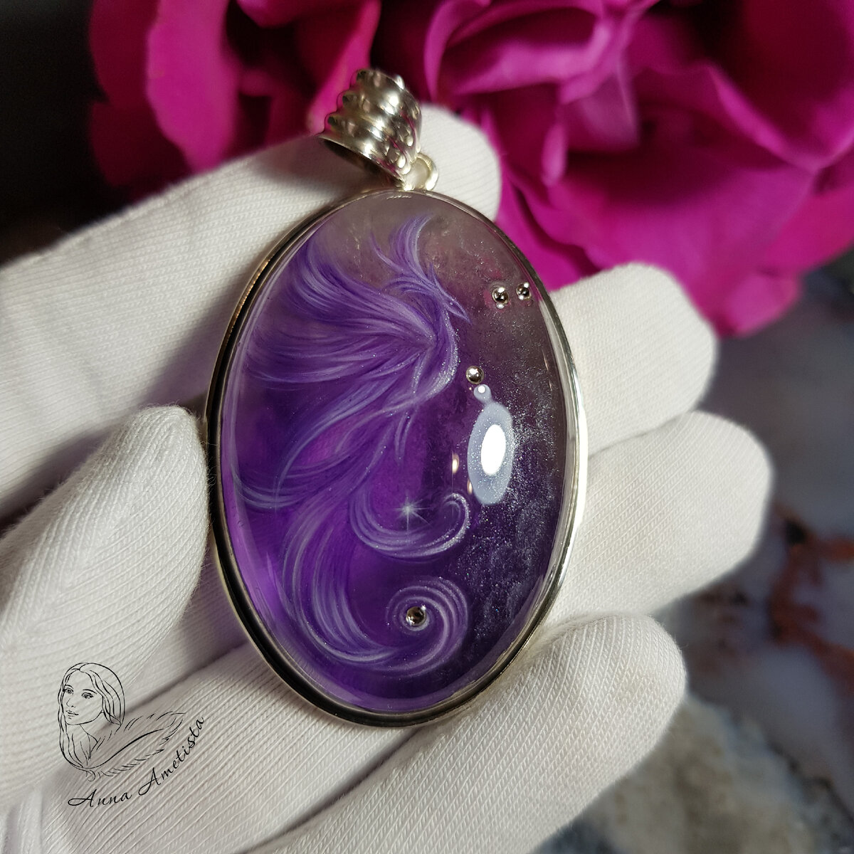 Кулон "Белый Феникс". Ювелирная живопись на камне. Художник Анна Аметиста