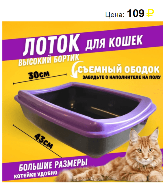 Лоток для кошачьего туалета большой с бортиком. Источник: https://svetofors.ru/