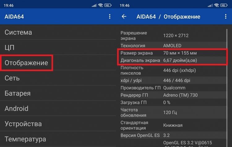    AIDA64 покажет размер и диагональ экрана