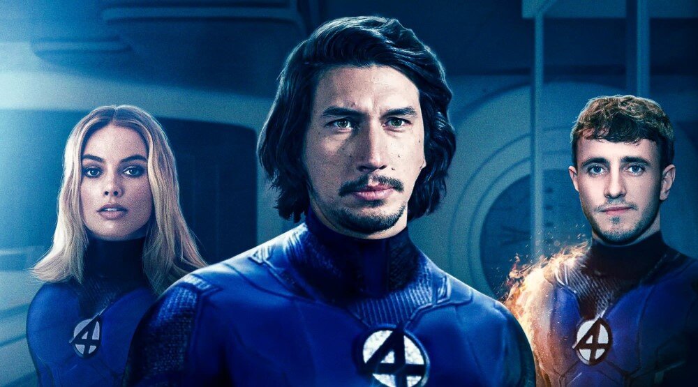     Марго Робби, Адам Драйвер и Пол Мескал в образах участников Фантастической Четверки / Фан-арт: Twitter/agtdesign10