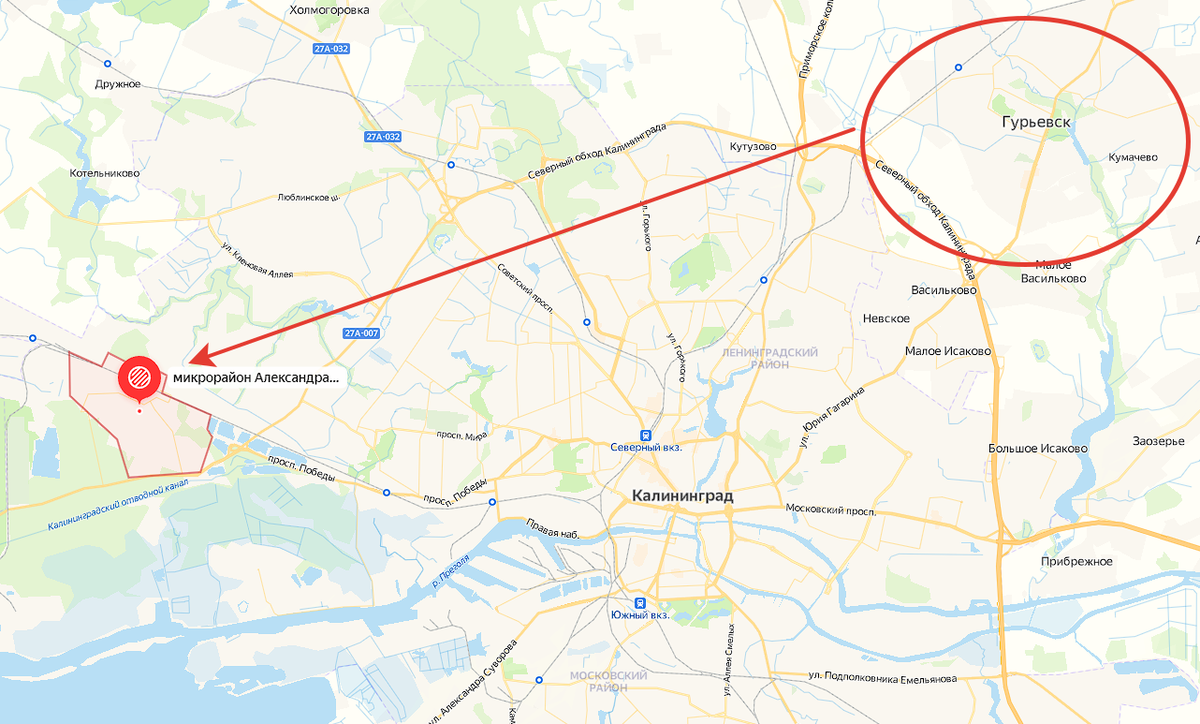 От центра Гурьевска до центра посёлка — 17 километров по прямой.