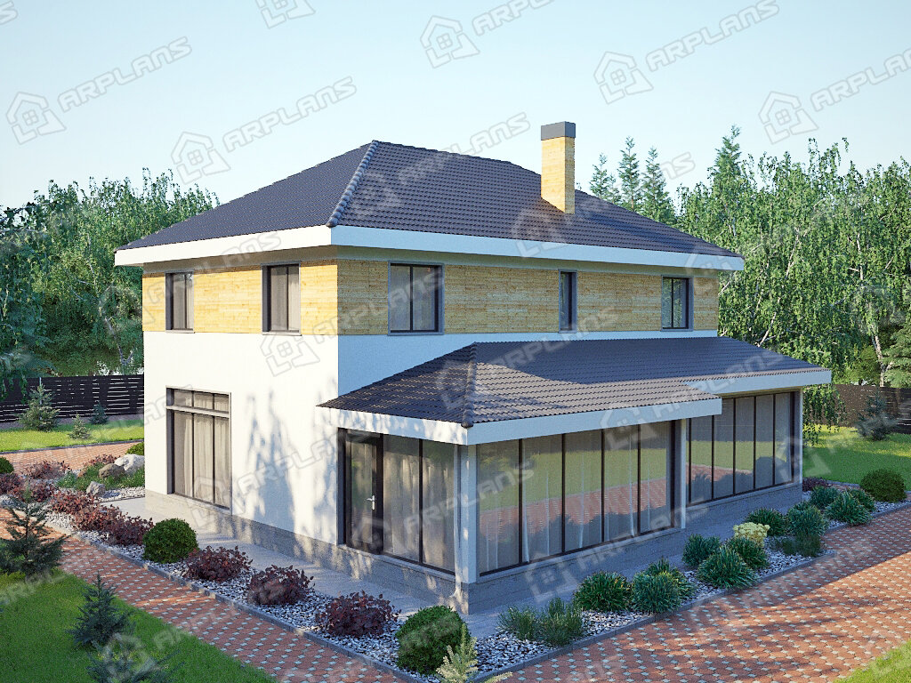 Фото 2 двухэтажного дома из газобетона с 3 спальням, газовой котельной, сауной и террасой. Общая площадь 220 кв м. Источник arplans.ru Проект К-129