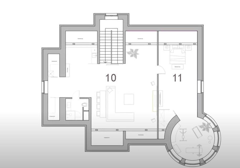 План мансардного этажа: 10 ‒ зона отдыха с домашним кинотеатром, баром и мини-кухней; 11 ‒ комната старшего сына. 