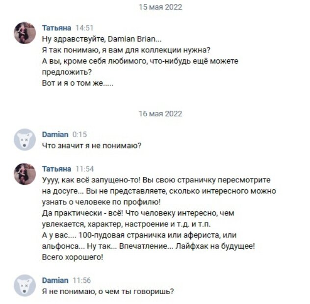 Скрины из личной переписки в ВК.