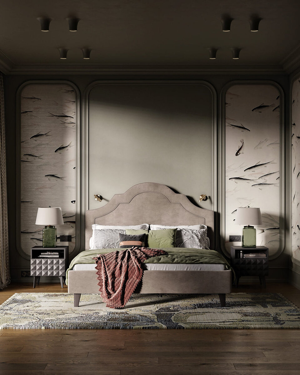 Дизайн-проект спальни с кроватью KYLIE, креслом LIND и тумбами MEXICO
