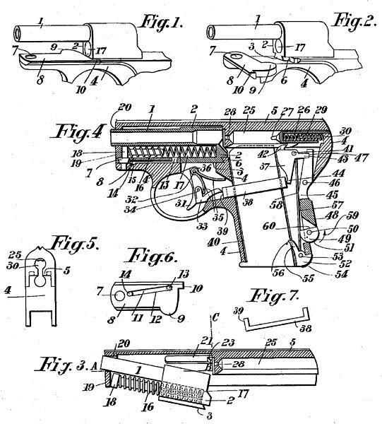 Конструкция пистолета. Рисунок из патента от 1908 года.