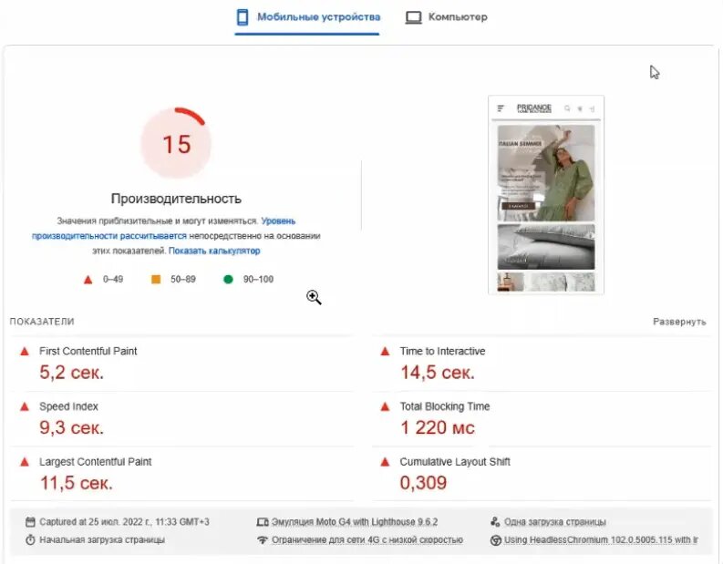 Скорость сайта pridanoe.ru на старом шаблоне