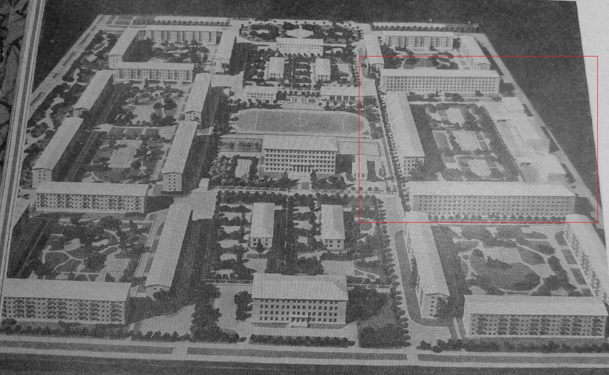 Рис. 1. Макет квартала. Красным выделены 3 дома Академпроекта. Вид на север, на переднем плане улица Дмитрия Ульянова
