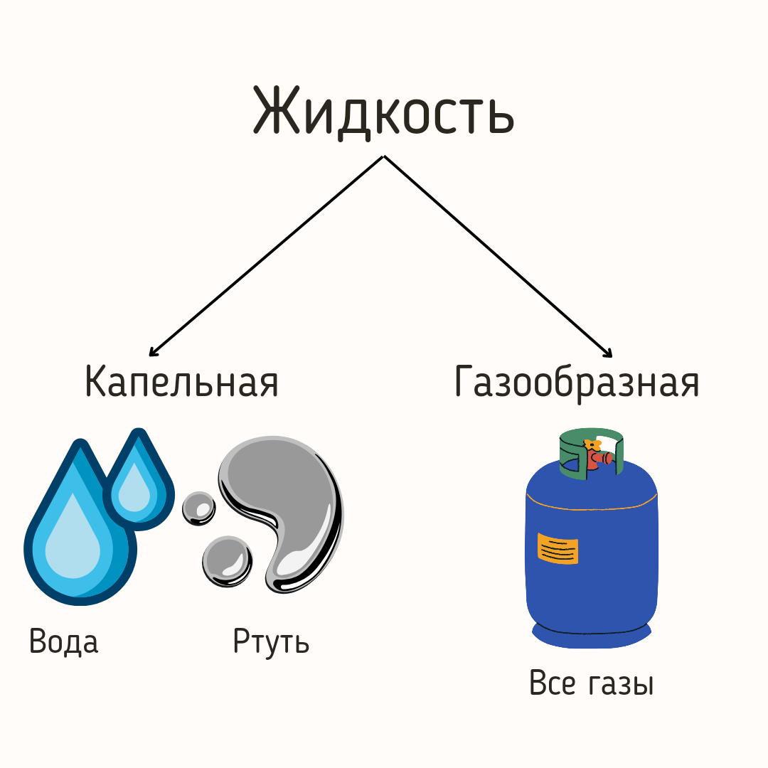 Жидкости делят на два вида: капельные и газообразные. 