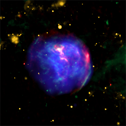 Остаток сверхновой G344.7-0.1. Источник: X-ray: NASA/CXC/Tokyo Univ. of Science/K. Fukushima, et al.; IR: NASA/JPL/Spitzer; Radio: CSIRO/ATNF/ATCA