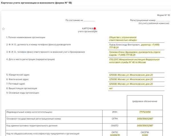 Карточка организации по форме 18