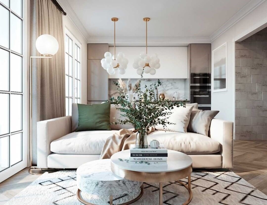 Панорамные окна и камин. Аристократичный интерьер на площади всего 40 кв.м.