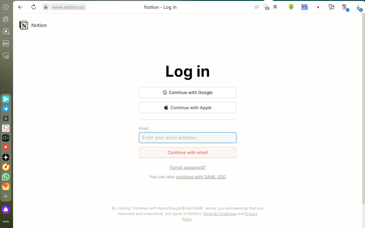 Нажмите на "Continue with Google" (если есть аккаунт) или свой e-mail другой (или зарегистрируйтесь в Notion)