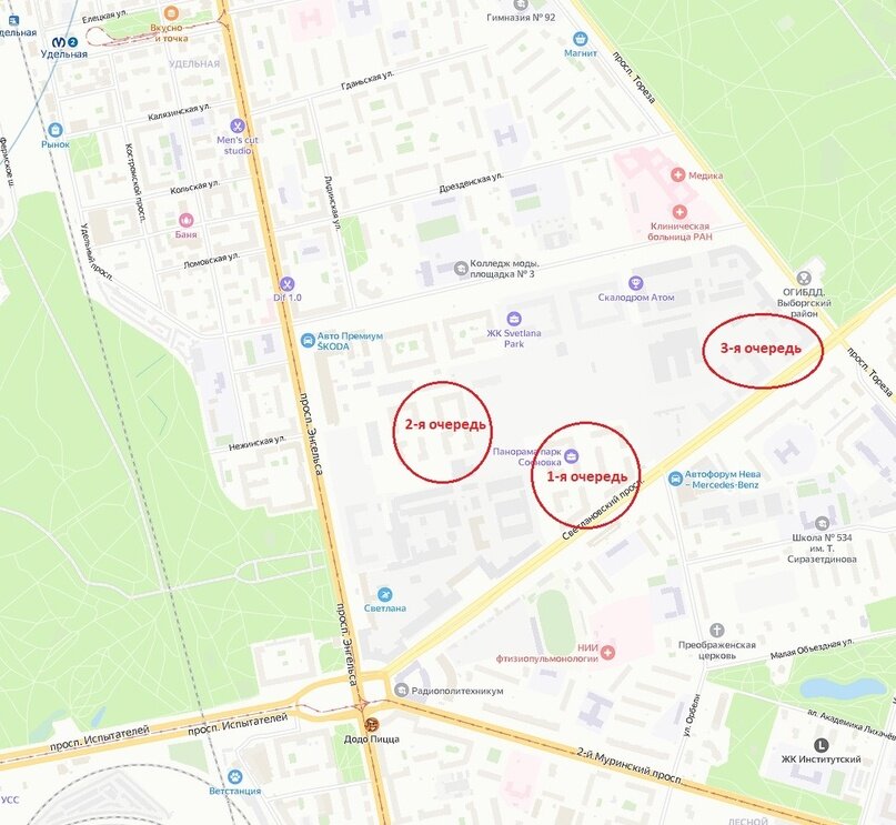 ЖК «Панорама Парк Сосновка». Расположение корпусов ЖК на карте.