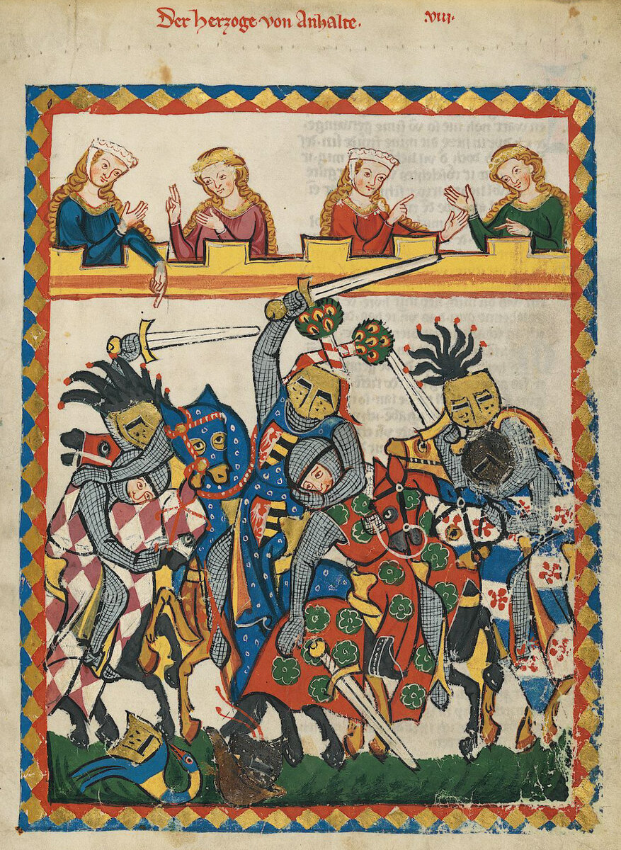 ▪️Рыцарский турнир. Манесский кодекс, 1300. Библиотека Гейдельбергского университета, Германия.