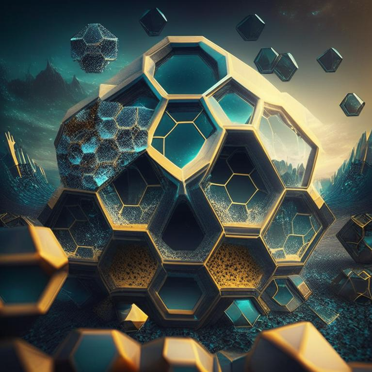 Изображение нейросети Кандинский 2.1 по текстовому описанию: "Мир будущего. Шестиугольники" (fusionbrain.ai).