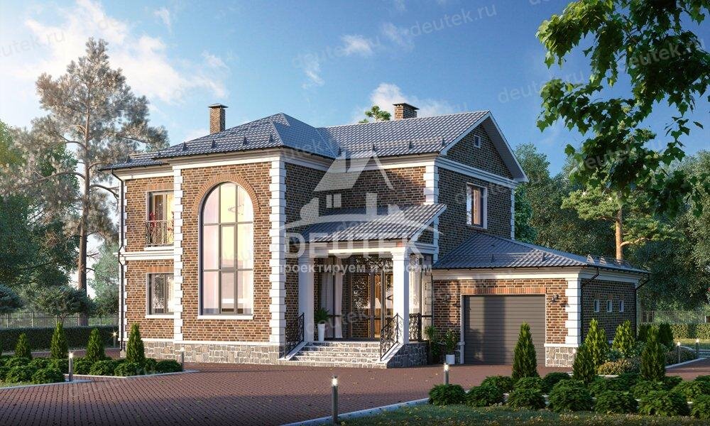 Проект двухэтажного дома 220 м2 с одноместным гаражом, эркером, большими окнами и террасой - LK-94