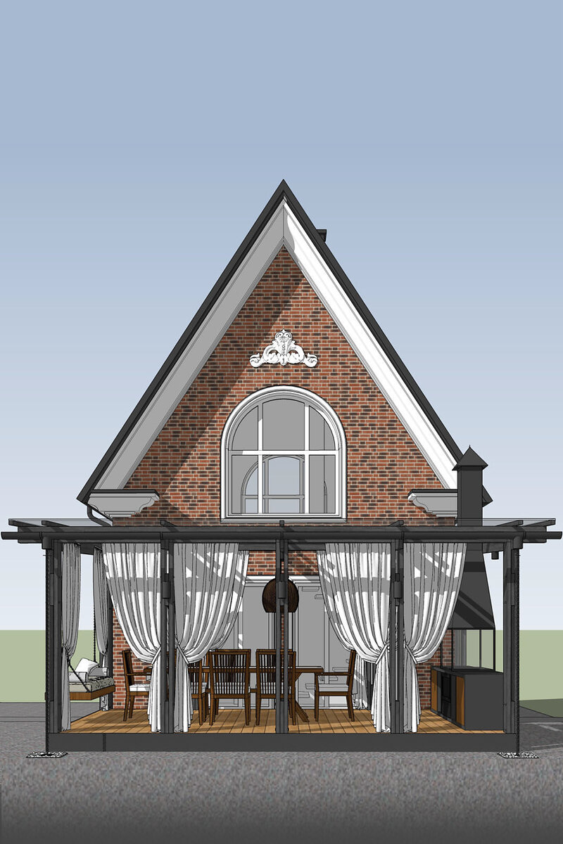 Маленький гостевой дом с фасадом из клинкерного кирпича и пристроенной верандой с барбекю