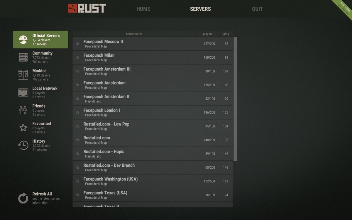 На этом экране в верхней строчке 3 вкладки:
HOME - здесь можно посмотреть новости, информацию об обновлениях игры, чтто же на этот раз придумали коварные разработчики...



SERVERS - здесь отражается список доступных серверов для игры RUST, рассмотрим поподробнее.

В левой части экрана 7 вкладок, для удобства серверы разбили на подгруппы:
Official Servers - Официальные серверы, здесь сложнее выживать, чем на других серверах, разницу вы поймете поиграв на разных...я например играю на Amsterdam. Московский сервер, несмотря на привлекательный пинг, вызывает море раздражения у игроков из-за обилия читеров, которые портят игру, делая ее не интересной. Отсортировать список серверов можно по алфавиту, кол-ву игроков (первая цифра сколько в данный момент играет, через / максимально возможное число игроков), и по пингу( для более-менее комфортной игры он должен быть не больше 70, короче, чем меньше - тем лучше).
Community - здесь собраны серверы разных сообществ.
Modded - Модифицированные серверы, включающие разнообразные плагины, облегчающие игровой процесс, делая его более, (ну или менее, кому как) интересным. Мне например нравится информация кому, куда и с какого расстояния я попал. Фишек много...У каждого сервера свой набор примочек..
Local Network - это, я так понимаю игра по локальной сети. Ни разу не пользовался. Даже не знаю работает ли она.
Friends - сервера на которых играют ваши друзья. Для облегчения их поиска, надо понимать.
Favoruited - если вам понравился сервер, вы можете нажать на звездочку слева от его названия и он сохранится в этой вкладке, для быстрого доступа к любимым серверам, но... к сожалению эта функция пока плохо работает и ни ... не сохраняет.
History - список серверов на которых вы когда либо играли.
Refresh All - обновить списки серверов с их пингами и другой инфой...
Quit - вроде все знают что это, кто не знает - смело нажимайте...
Итак выбираем понравившийся сервер, в правой части экрана появляется подробная информация о нем и кнопка Join Servers, жмем...