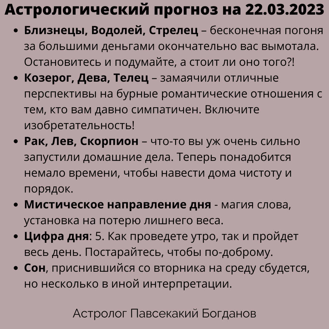 Гороскоп. Астрологический прогноз на среду 22.03.2023 | БЛОГ АСТРОЛОГА |  Дзен