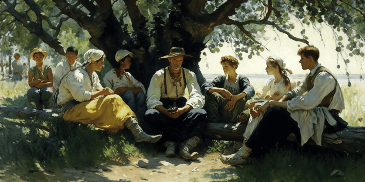  , Ilya Repin: A group of peasants taking a break from labor, sitting under a tree