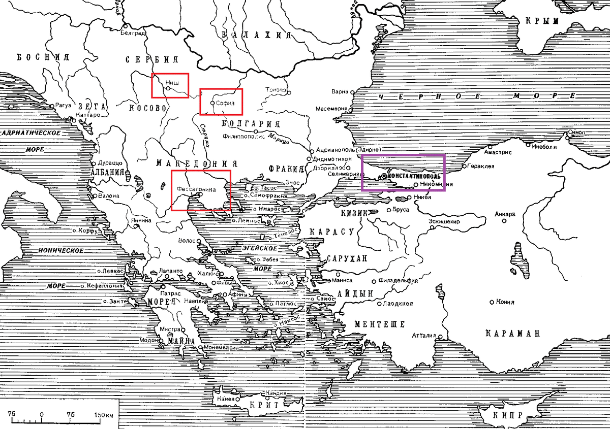 Карта более позднего периода, но все города на месте. Красным обведены города, рассматриваемые в качестве столицы.