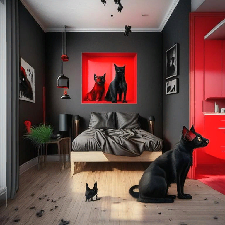 Ремонт в комнате, черный кот, рыжий кот и собака глазами нейросети