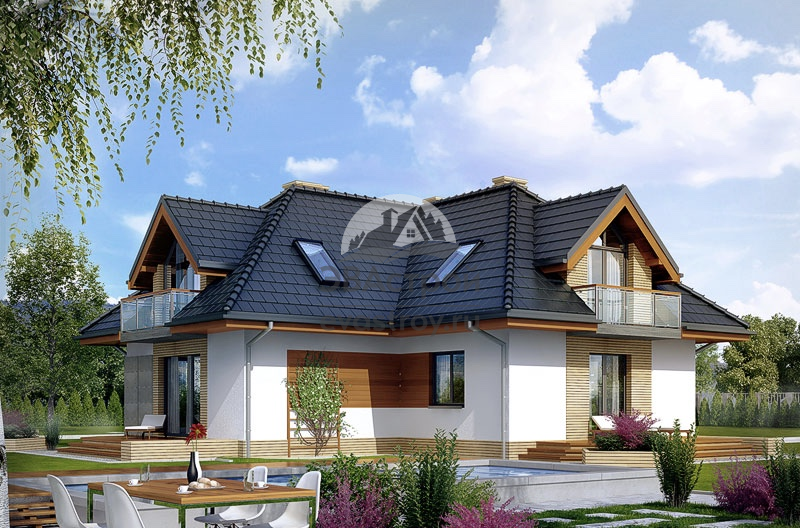 Проект углового дома 185 м2 с мансардой, балконом и террасой - 104-61