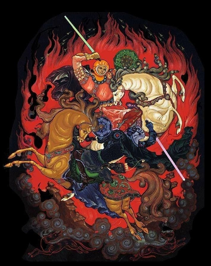 Палехская миниатюра. Аллегория на тему "Юрий Гагарин преодолевает земное притяжение" (Изображение из открытых источников)