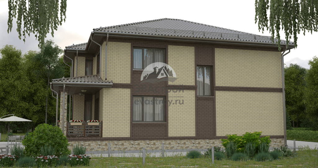 Проект двухэтажного коттеджа  196 м2 из газобетона с кабинетом, эркером и террасой - 101-93