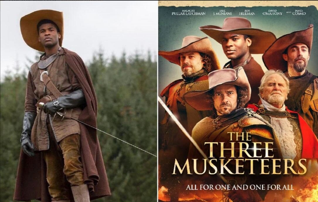 Актер Малачи Пуллар-Латчмен в роли д’Артаньяна и постер фильма. Изображения взято из открытых источников.  